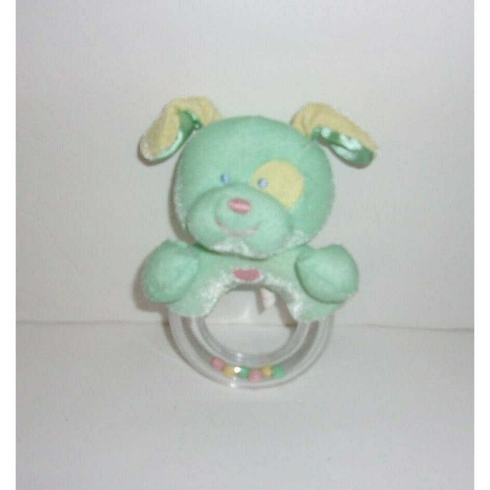 Heads & Tales Gund Green Yellow Puppy Dog Spot Ring Rattle Baby Toy 5"